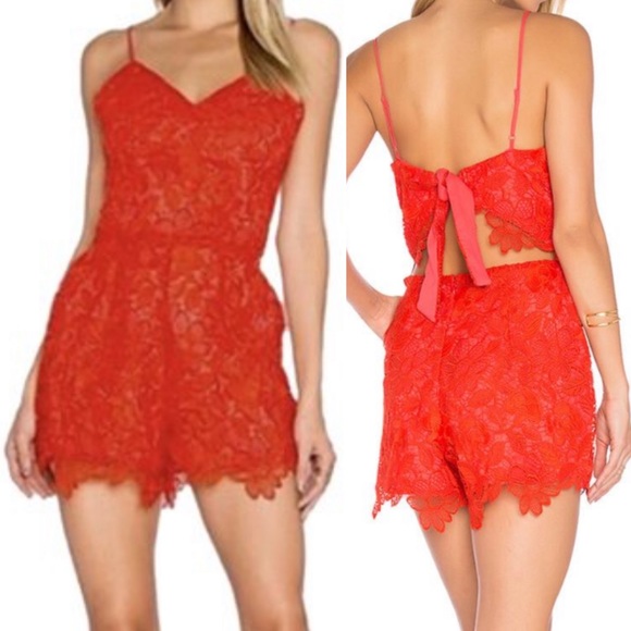 Lovers + Friends x Revolve Songbird Lace V-Neck Tie Back Romper: Red - Picture 1 of 13